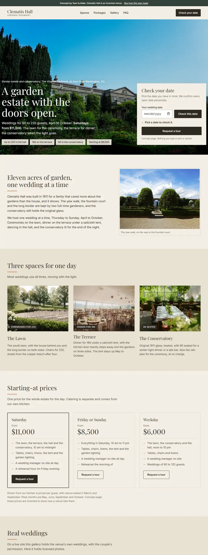 Homepage concept for Clematis Hall, an invented garden estate venue, shown in a desktop frame